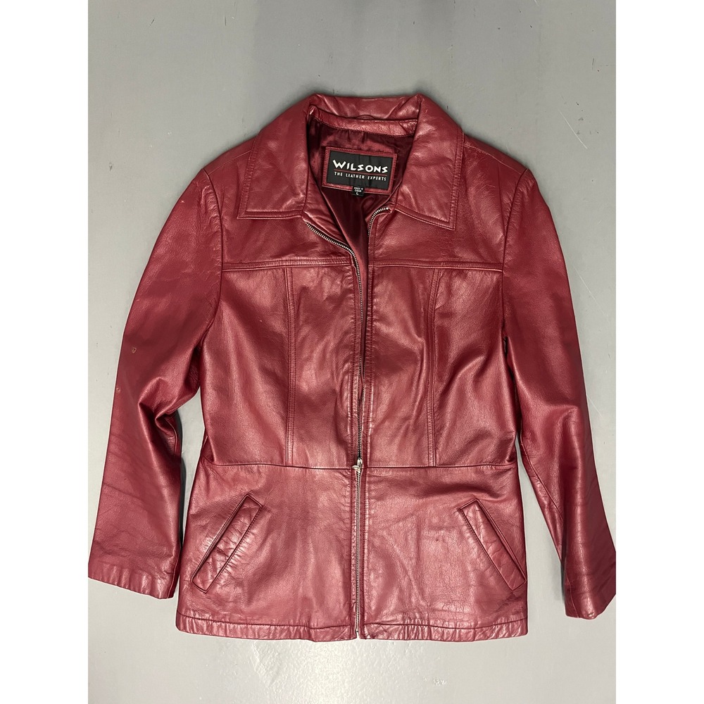Wilsons The Leather Experts Burgundy Red Leather Zip Up Jacket Womens Large